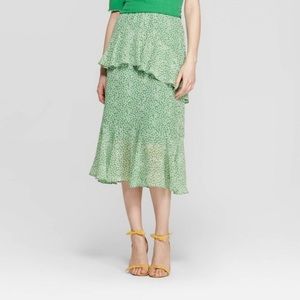 Who What Wear tiered ruffle midi skirt floral chiffon green
